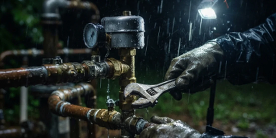 Well pump pressure fittings worked on during a wet-weather callout