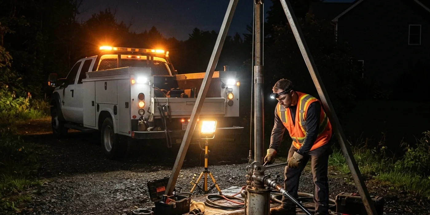 Technician pulling a well pump at night under work lights