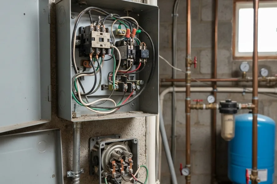 Control box and wiring checked during a well pump replacement