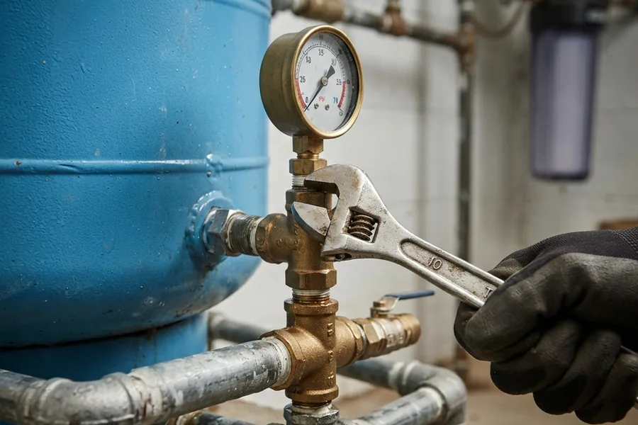 Technician checking the air charge on a well pressure tank