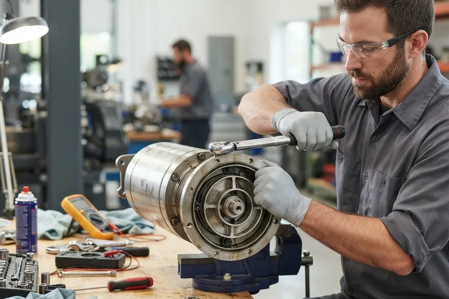 Submersible well pump being serviced on a workbench
