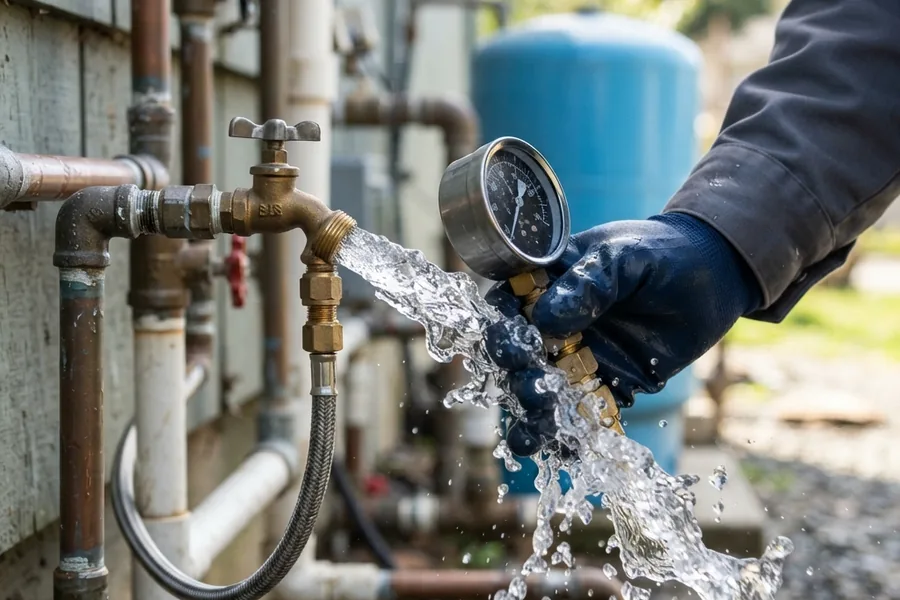 Water flow and pressure being tested at an outdoor tap
