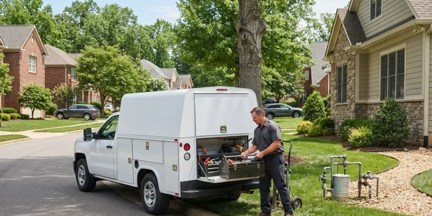 Service van parked outside a home for a well pump repair