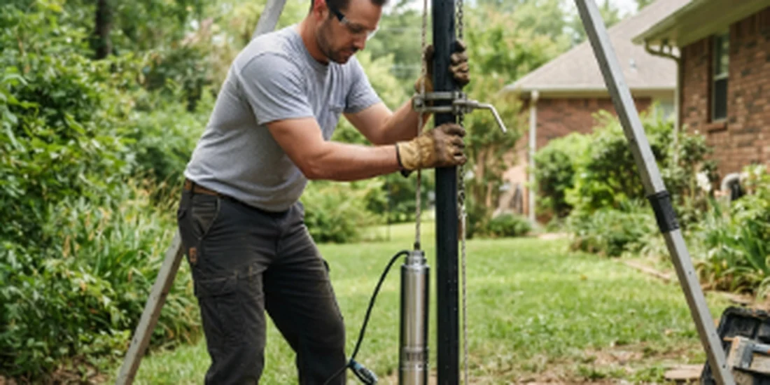Technician pulling a submersible pump from a well for replacement