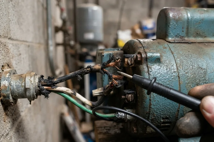 Burnt well pump wiring tested with a multimeter