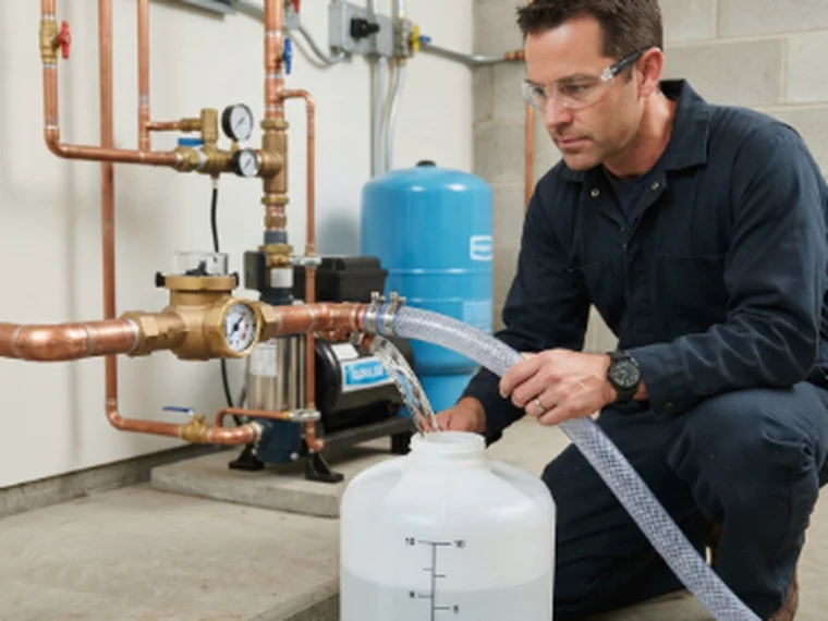 Plumber working on pipework and valves in a well water system