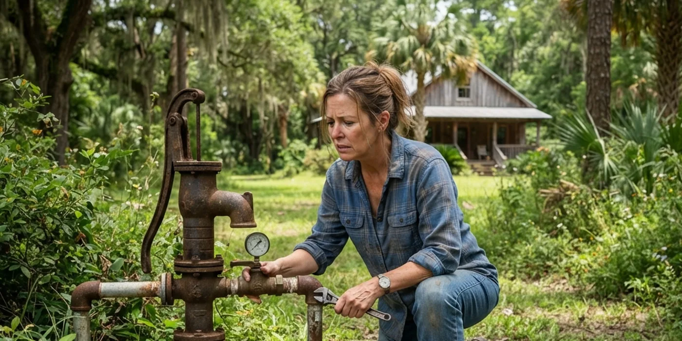 Homeowner checking a well pump that has stopped delivering water