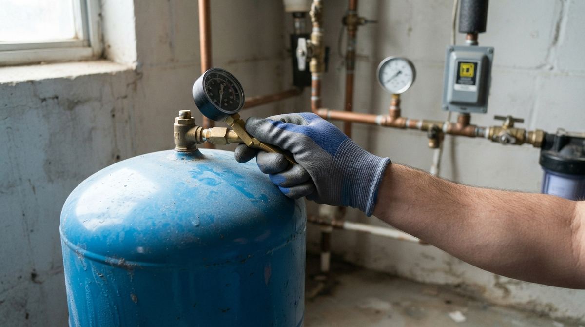 Checking the air charge on a waterlogged well pressure tank with a tyre gauge
