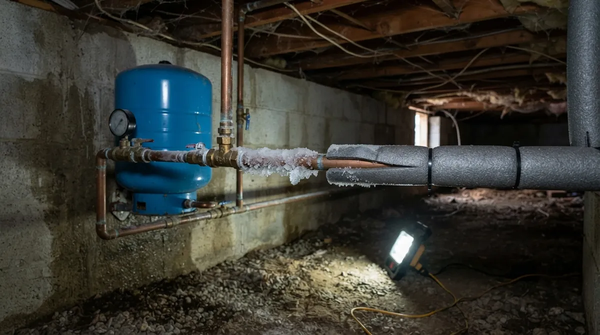 frost on an exposed well pipe beside a pressure tank in a winter crawlspace