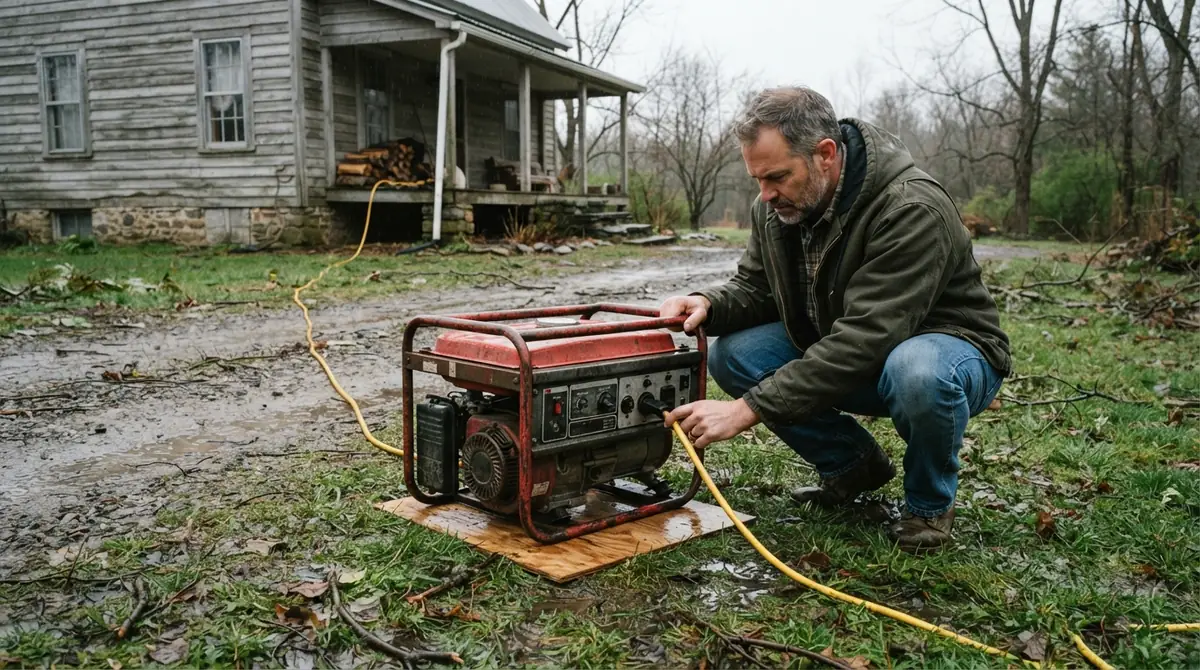 portable generator running outside a rural home during a power outage