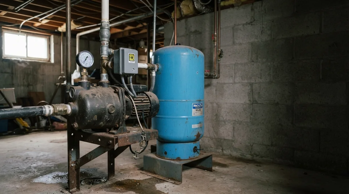 Jet pump and pressure tank installed in a residential basement