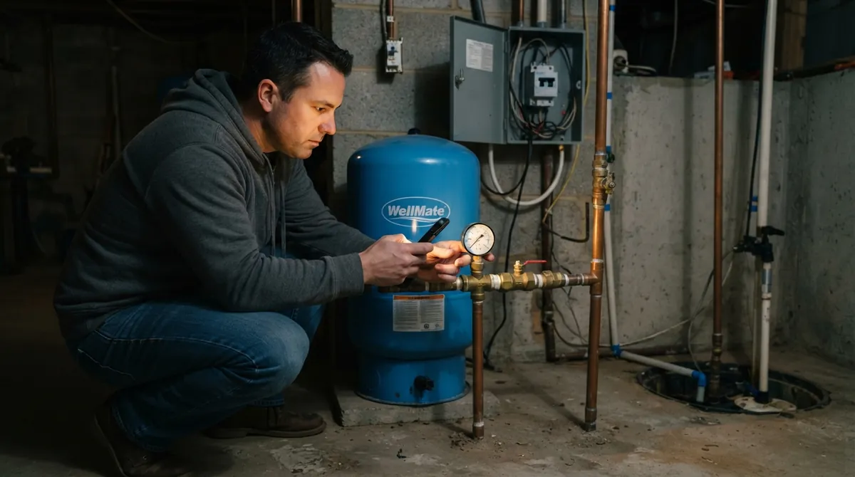 homeowner checking well pressure gauge at night during a no water emergency