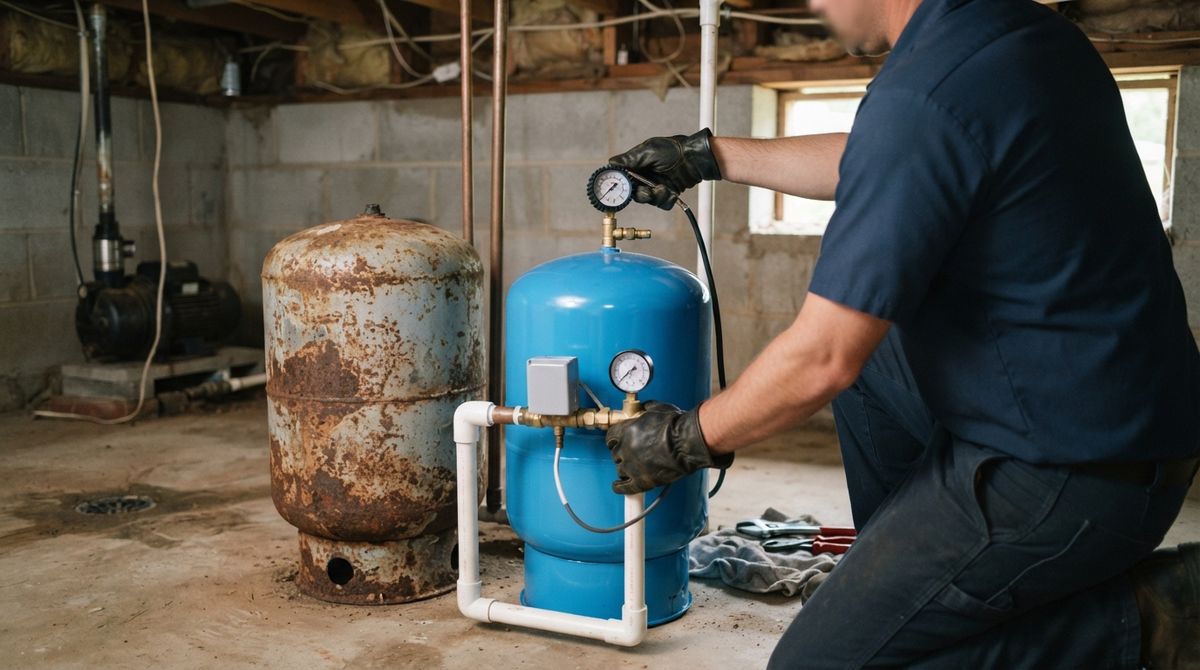 Technician installing a new well pressure tank next to the old rusted tank it replaces