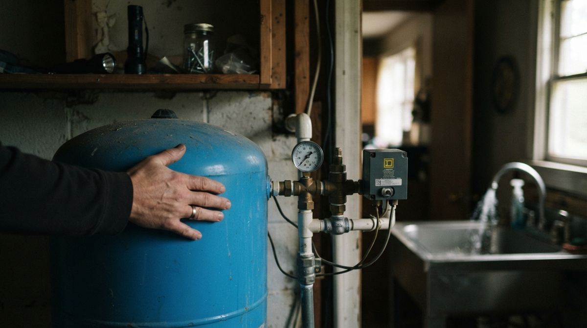 Homeowner checking a well pressure tank and gauge for signs your well pump is going bad