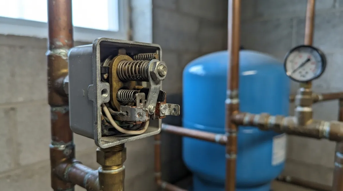 Well pressure switch replacement — switch with cover removed showing contacts and adjustment springs