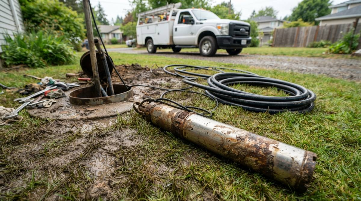 Well pump repair or replacement — old submersible pump pulled from a well casing