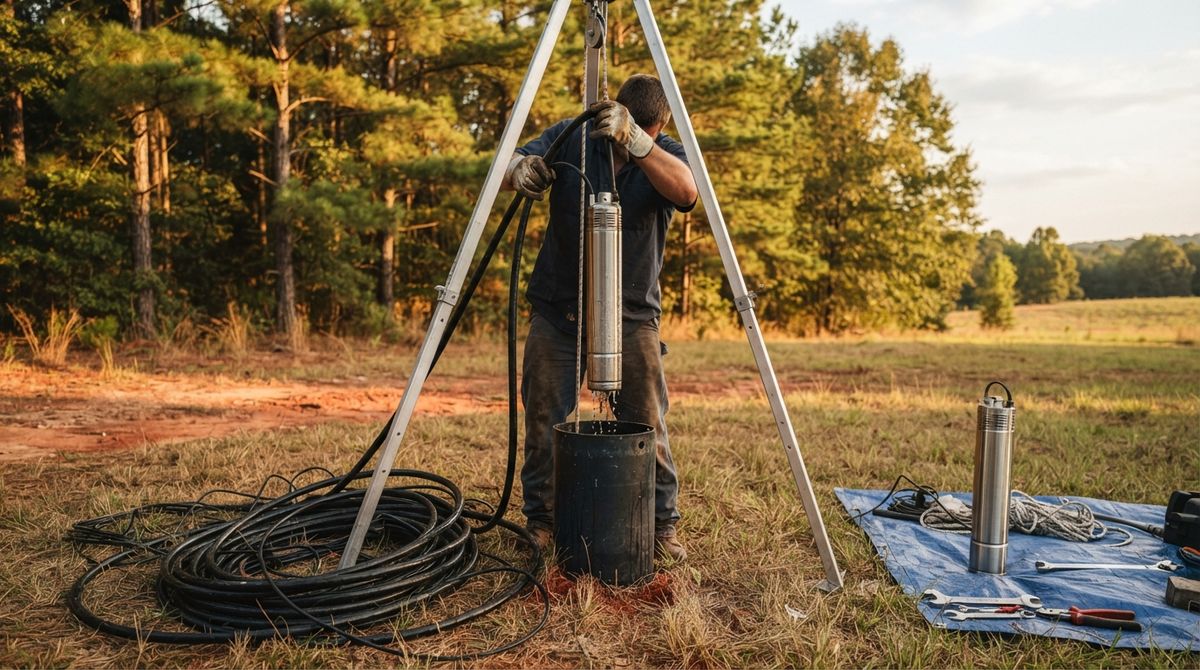 Technician pulling a submersible well pump from a well casing during a pump replacement in Upstate South Carolina