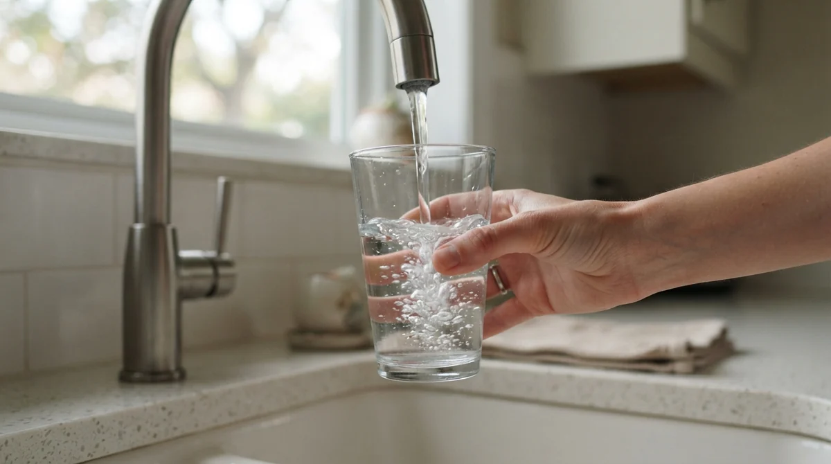 filling a glass from a kitchen tap to check well water for a sulphur smell