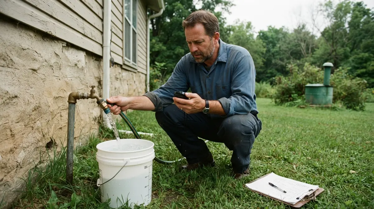 well yield test using a bucket and stopwatch at an outdoor spigot